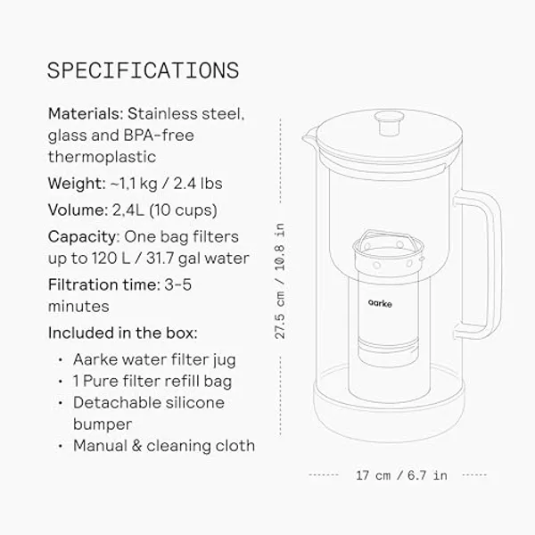Specificaties Aarke Purifier: roestvrij staal en glas, 1,1 kg, 2,4 liter, 27,5 cm hoog, 17 cm breed
