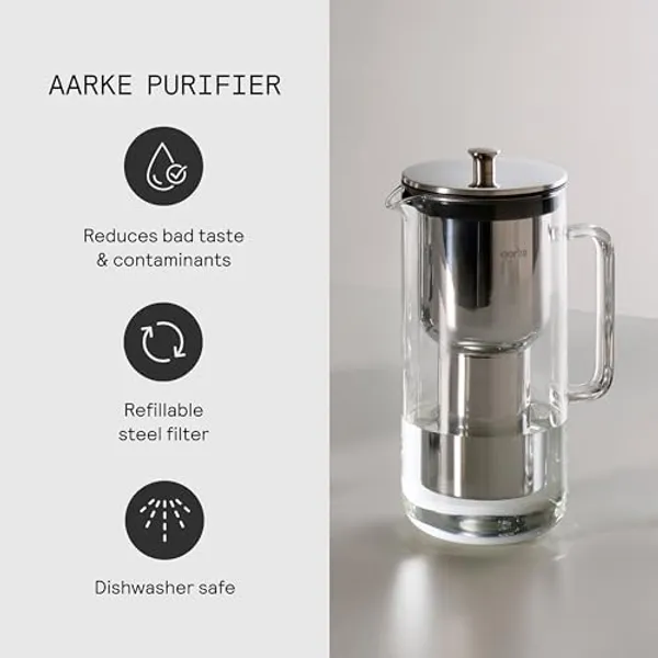 Aarke Purifier kenmerken: vermindert smaak en verontreinigingen, hervulbaar stalen filter, vaatwasserbestendig