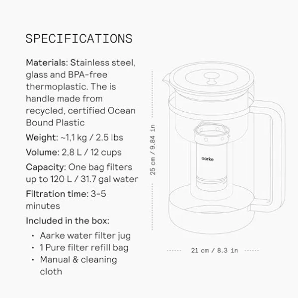 Specificaties Aarke Purifier Large: roestvrij staal en glas, 1,1 kg, 2,8 liter, 25 cm hoog, 21 cm breed