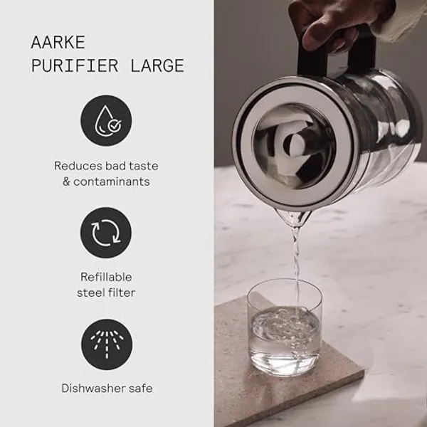 Aarke Purifier Large kenmerken: vermindert smaak en verontreinigingen, hervulbaar stalen filter, vaatwasserbestendig