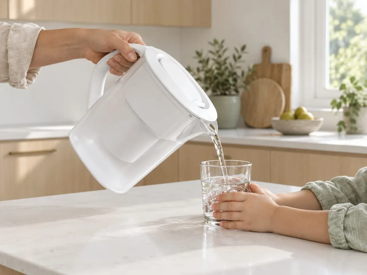Waterfilterkan schenkt gefilterd water in een glas op het aanrecht