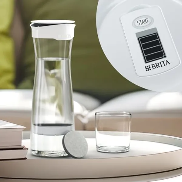 BRITA karaf op bijzettafel met glas water en close-up van Memo filterindicator