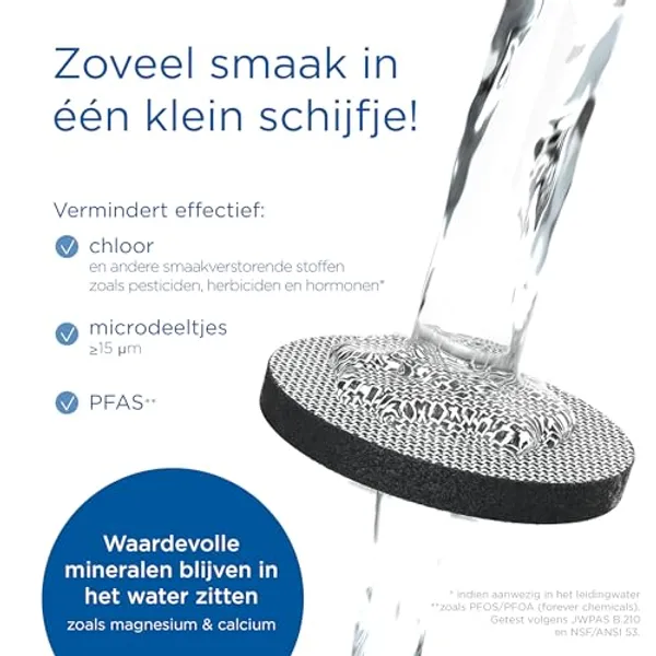 MicroDisc filter close-up met filtratie-eigenschappen: chloor, microdeeltjes en PFAS-reductie