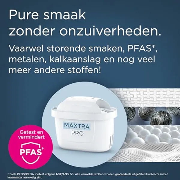 MAXTRA PRO filter close-up met PFAS-reductie, tekst over pure smaak zonder onzuiverheden