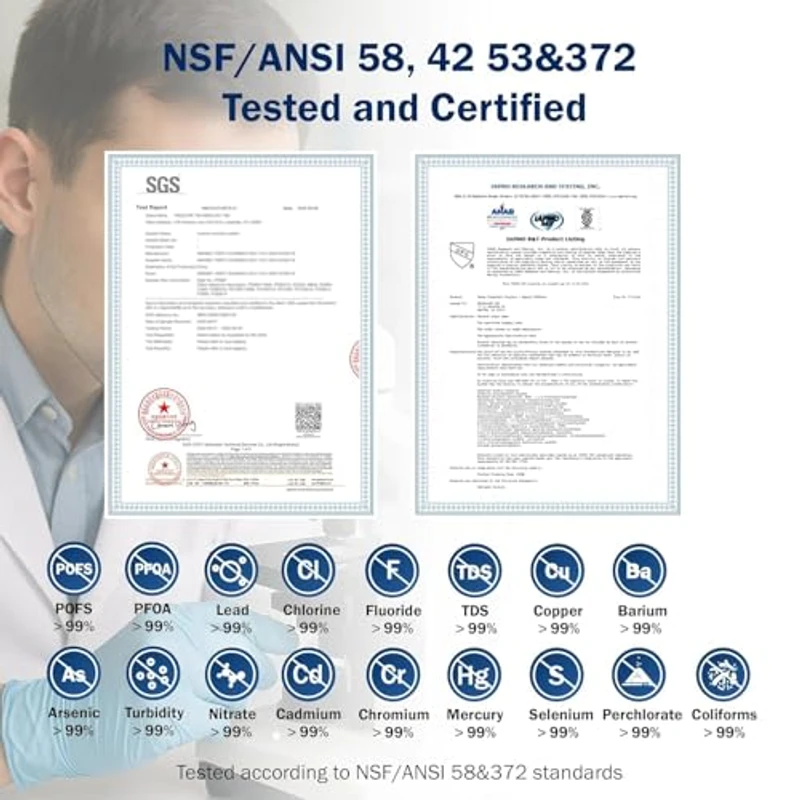 NSF/ANSI 372 certificering en SGS-testresultaten per verontreiniging