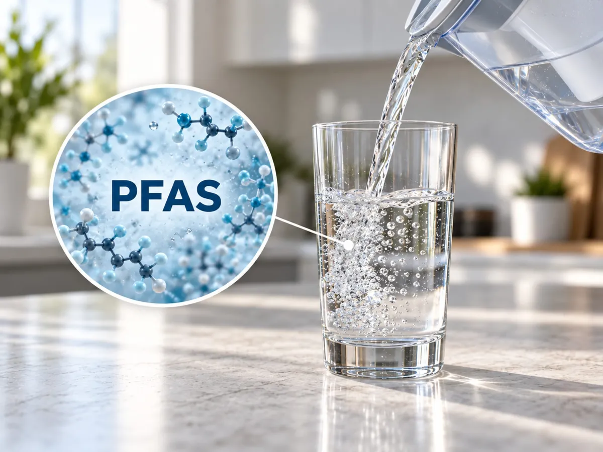 Gefilterd water wordt in een glas geschonken, met PFAS-moleculen uitvergroot