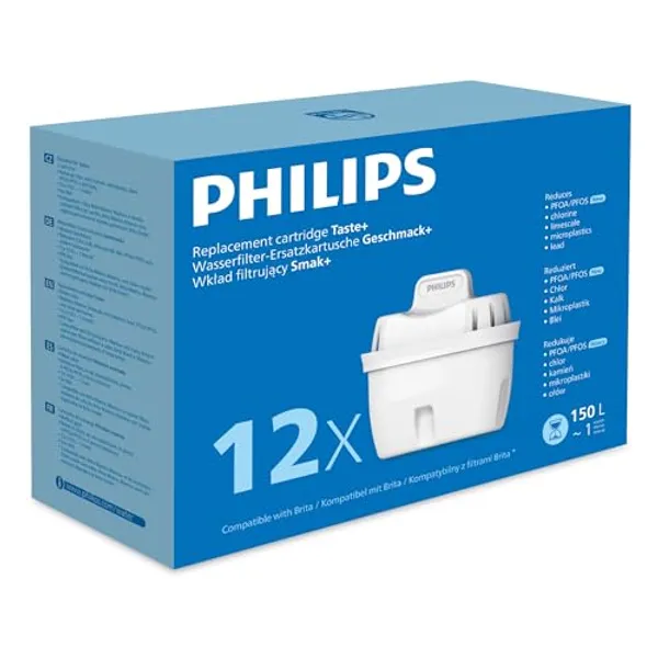 Philips Micro X-Clean filterpatronen 12-pack verpakking met 12x aanduiding en 150 liter per filter