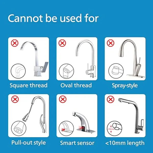 Philips On Tap niet geschikt voor: vierkante draad, ovale draad, spray-kraan, pull-out, sensor en uitloop korter dan 10 mm
