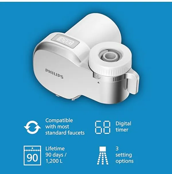 Philips On Tap Ultra AWP3756 kenmerken: compatibel met standaard kranen, digitale timer, 90 dagen en 1200 liter, 3 waterstanden