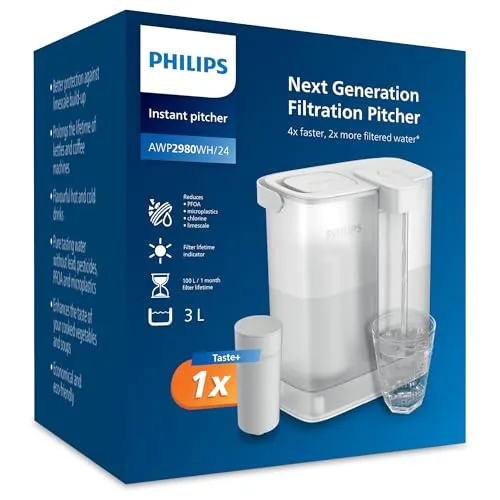 Philips AWP2980 Instant Waterfilter verpakking met kan, filter en glas water