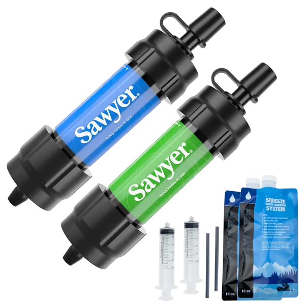 Sawyer MINI SP2101 2-Pack waterfilters in groen en blauw met twee squeeze pouches en drinkrietjes