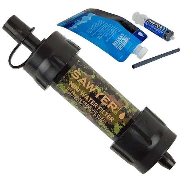 Sawyer MINI SP107 waterfilter in camouflagepatroon met squeeze pouch en drinkrietje