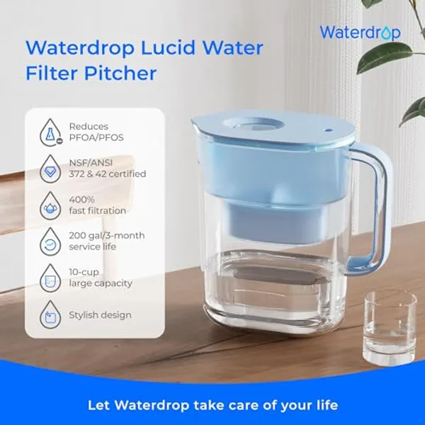 Waterdrop Lucid filterkan op aanrecht met overzicht kenmerken NSF 42 en 372 certificering 10-cup capaciteit en PFOA PFOS reductie