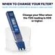 TDS-meter in glas water met instructie filter vervangen bij waarde 006 of hoger