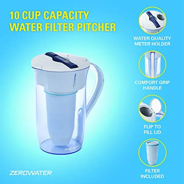 ZeroWater ronde kan met overzicht kenmerken 10-cup capaciteit TDS-meterhouder comfort grip en flip-to-fill deksel